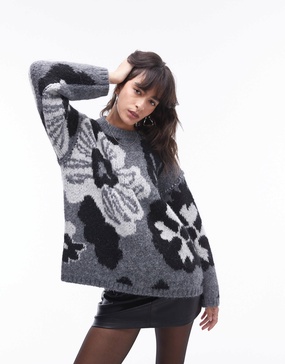 Topshop knitted large floral oversized sweater in gray