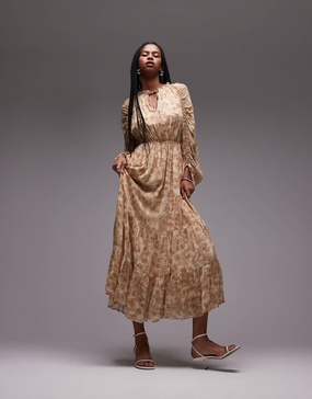 & Other Stories drapey midaxi dress with ruche tie volume sleeves in soft abstract print