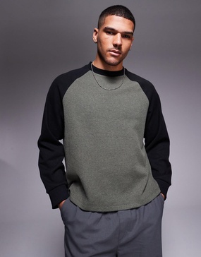 ASOS DESIGN oversized boxy waffle contrast raglan T-shirt in khaki and black