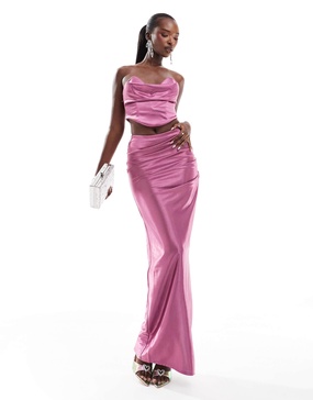 ASOS DESIGN ruched sides satin twill maxi skirt in mauve - part of a set