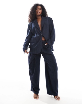 Bershka wide leg tailored pants in navy stripe - part of a set