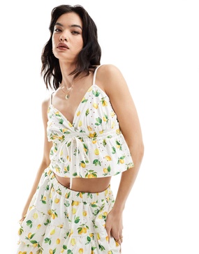 ASOS DESIGN broderie babydoll cami top in lemon print - part of a set