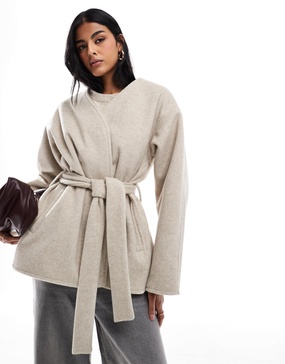ASOS DESIGN belted collarless formal coat in oatmeal
