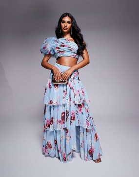 ASOS LUXE tiered ruffle organza maxi skirt in blue floral print - part of a set