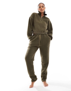 ASOS DESIGN Tall lounge borg zip collar sweat & tapered pants set in khaki