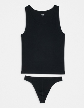 ASOS DESIGN rib thong and vest set in black