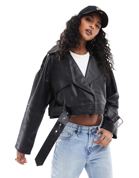 ASOS DESIGN leather oversized cropped trench coat in black