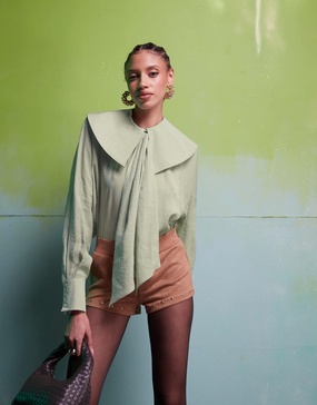 ASOS DESIGN oversized collar blouse with neck tie detail in sage green