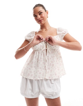 Bershka puff sleeve milkmaid top in ecru and pink floral