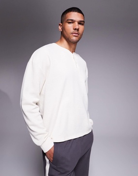 ASOS DESIGN oversized boxy long sleeve henley waffle T-shirt in cream