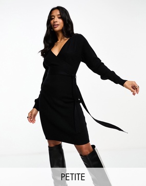 Vero Moda Petite wrap belted long sleeve knitted mini dress in black