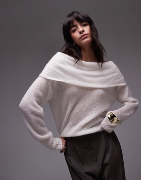 ARKET open knit sheer sweater with fold over off the shoulder in off white