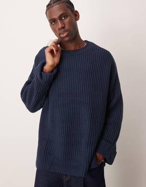 ASOS DESIGN oversized wool mix heavyweight rib sweater in navy