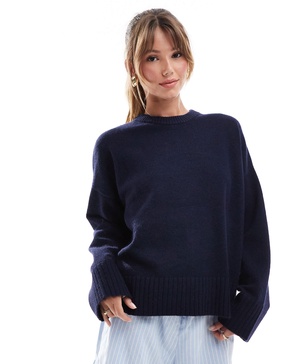 Bershka chunky crew neck sweater in navy