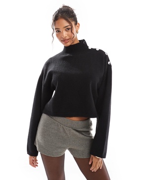 Bershka gold button detail high neck sweater in black