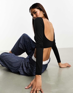 Bershka slinky slash neck low back long sleeve top in black