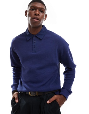 Another Influence textured interlock button detail rugby shirt in navy