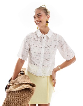 Brave Soul short sleeve lace detail shirt in white