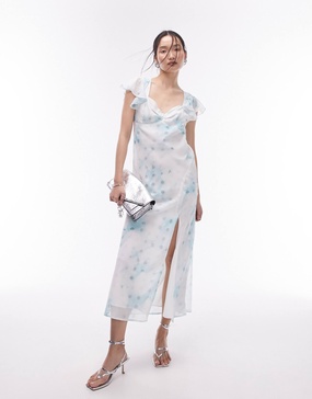 Topshop ruffle sleeve maxi slit front occasion dress in blue print
