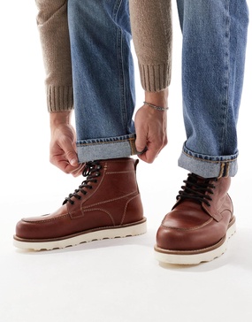 ASOS DESIGN lace up boots in brown leather with contrast sole