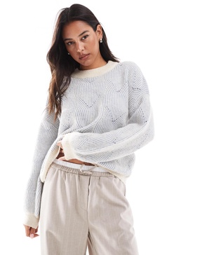 Pieces textured detail knit sweater in contrast soft blue and cream