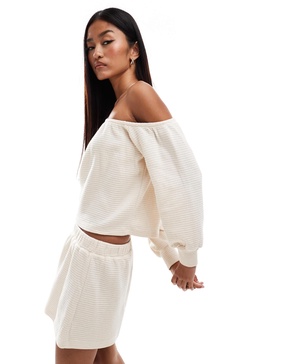 ASOS DESIGN one shoulder waffle knit top in ecru - part of a set