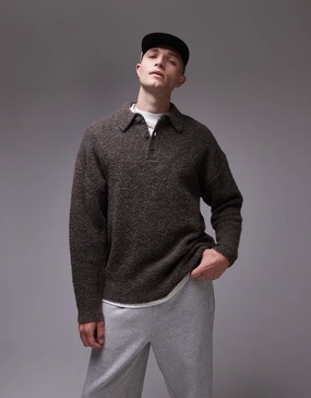 Topman oversized fit boucle polo shirt in heathered brown