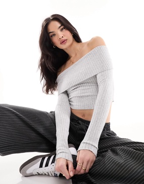 Bershka folded off the shoulder top in gray