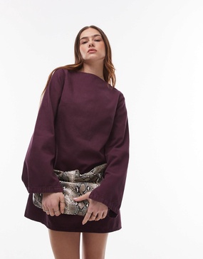 Topshop denim slash neck long sleeve dress in brown