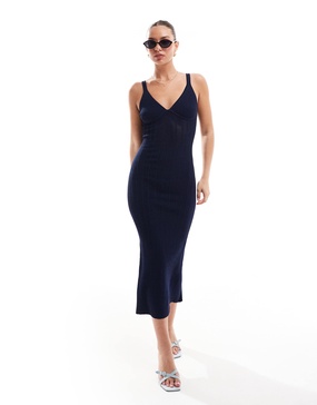 Bershka corset detail knitted maxi dress in navy