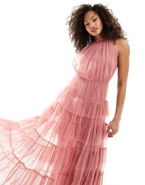 Anaya halterneck tulle maxi dress in dusty pink