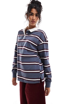 Cotton On long sleeve rugby polo shirt in blue stripe