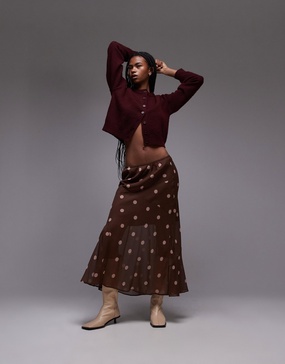 Topshop chiffon cutabout skirt in brown polka dot