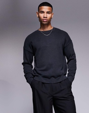 ASOS DESIGN washed relaxed knit crew neck sweater in black