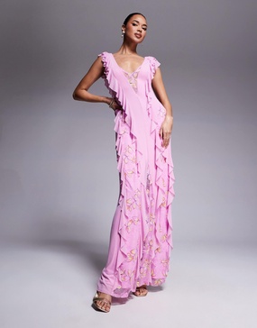 AFRM Trista mesh ruffle maxi dress with lace panels in lilac