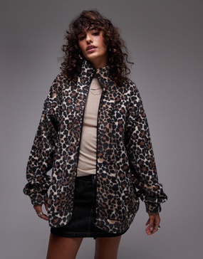 Topshop borg leopard funnel neck zip thru fleece in brown