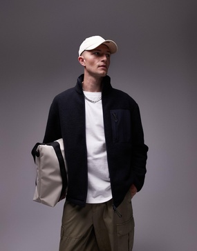 ARKET fleece pile jacket with two-way zip in dark blue