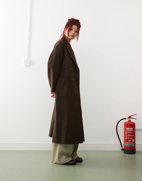 Monki belted double breasted coat in brown melange