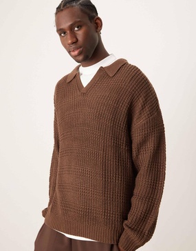ASOS DESIGN relaxed textured notch neck polo sweater in brown