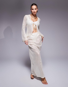 South Beach tie side sequin maxi beach skirt in cream