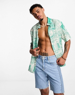 Bershka placement printed shirt in white and green