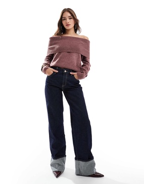Bershka turn up wide leg jeans in dark wash