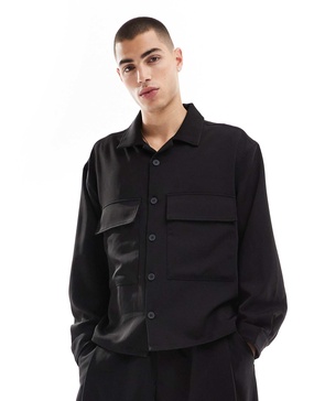 Bershka premium long sleeve shirt in black - part of a set