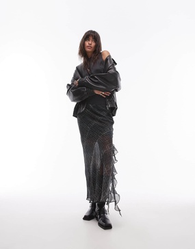 Topshop sheer panel bias maxi skirt with ruffle in grungy check