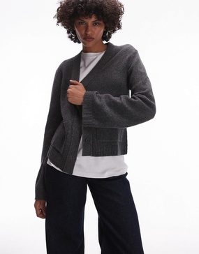 ARKET textured yarn wool cardigan with v-neck and front pockets in dark gray