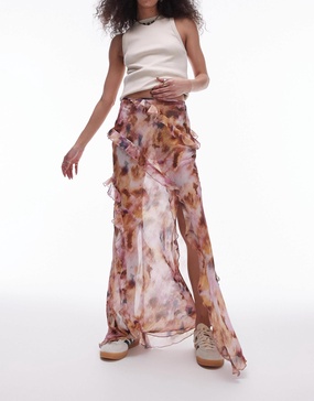 Topshop Ruffle Sheer Maxi Skirt in splodge tie dye