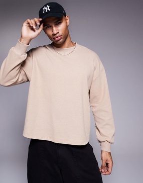 ASOS DESIGN oversized boxy waffle long sleeve t-shirt in beige