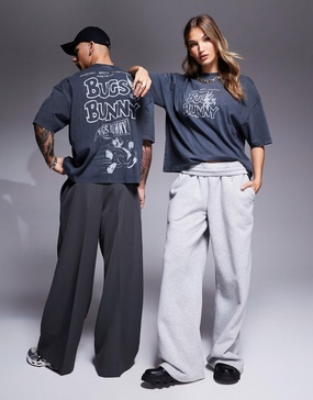 ASOS DESIGN unisex oversized license t-shirt with Bugs Bunny Looney Tunes prints in washed black
