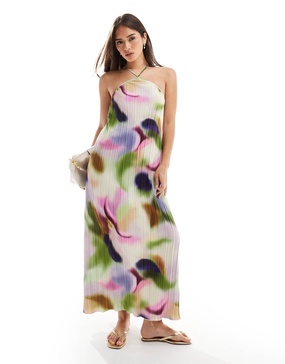 Vero Moda high neck plisse maxi dress in abstract swirl print