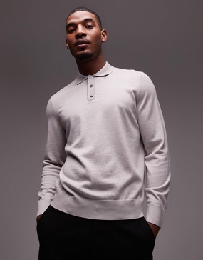 ARKET merino wool knit long sleeve polo shirt in off-white